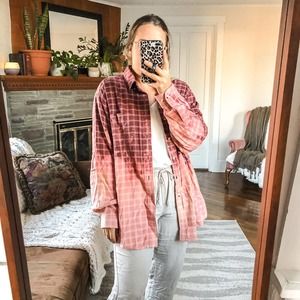 L.L. BEAN | Women's Large Burgundy Dip Tie Dye Bleach Plaid Flannel Shacket